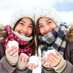 Two beautiful Asian women posing challengingly in the snow, wearing scarves around their necks and special winter clothing designed for snowy regions