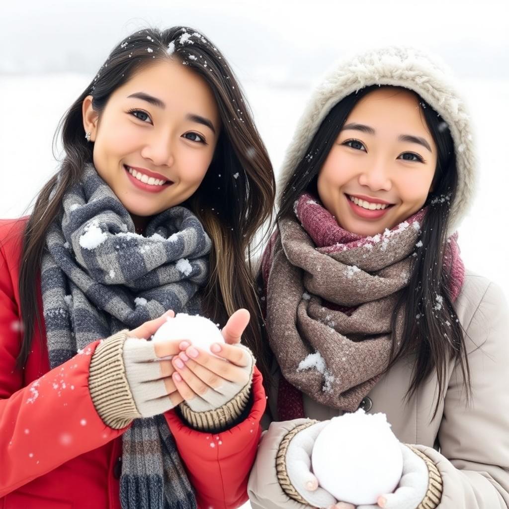 Two beautiful Asian women posing challengingly in the snow, wearing scarves around their necks and special winter clothing designed for snowy regions