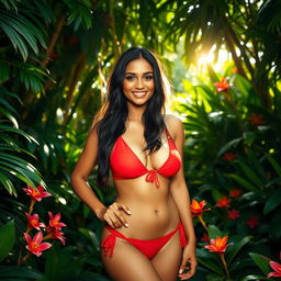 A stunning Indian woman wearing a vibrant red bikini, standing confidently in a lush green jungle