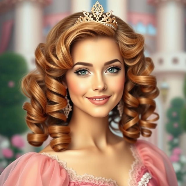 A charming princess hairstyle featuring beautiful, voluminous curly hair on a woman