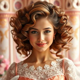 A charming princess hairstyle featuring beautiful, voluminous curly hair on a woman