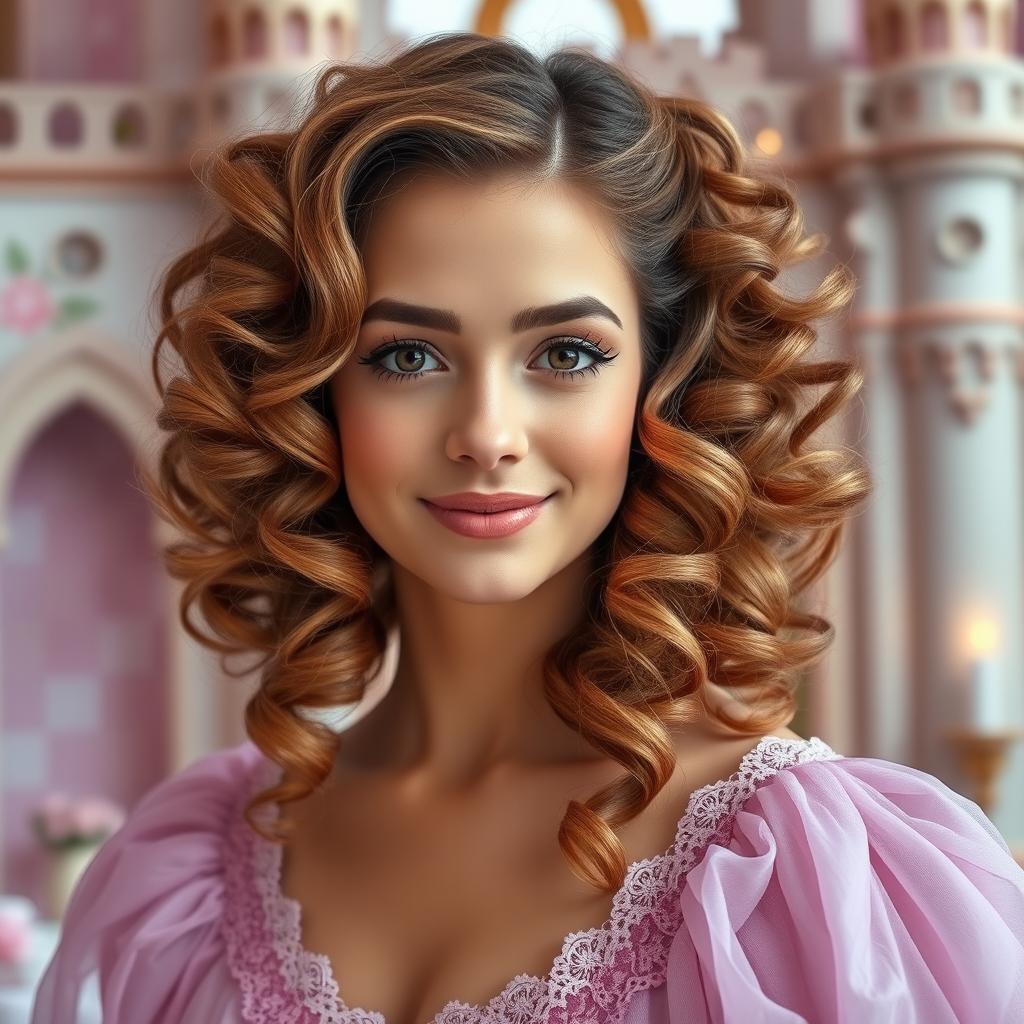 A charming princess hairstyle featuring beautiful, voluminous curly hair on a woman