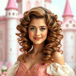 A charming princess hairstyle featuring beautiful, voluminous curly hair on a woman