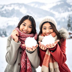 Two beautiful Asian women posing challengingly on the snow, wearing scarves around their necks and special winter attire suitable for snowy areas