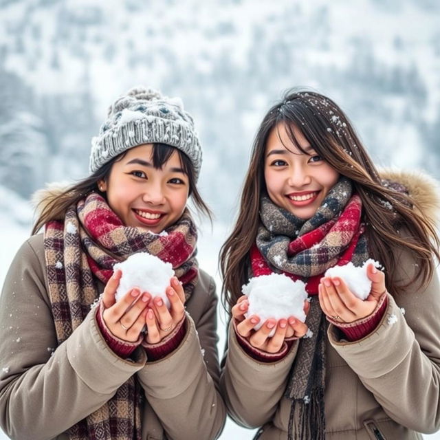 Two beautiful Asian women posing challengingly on the snow, wearing scarves around their necks and special winter attire suitable for snowy areas