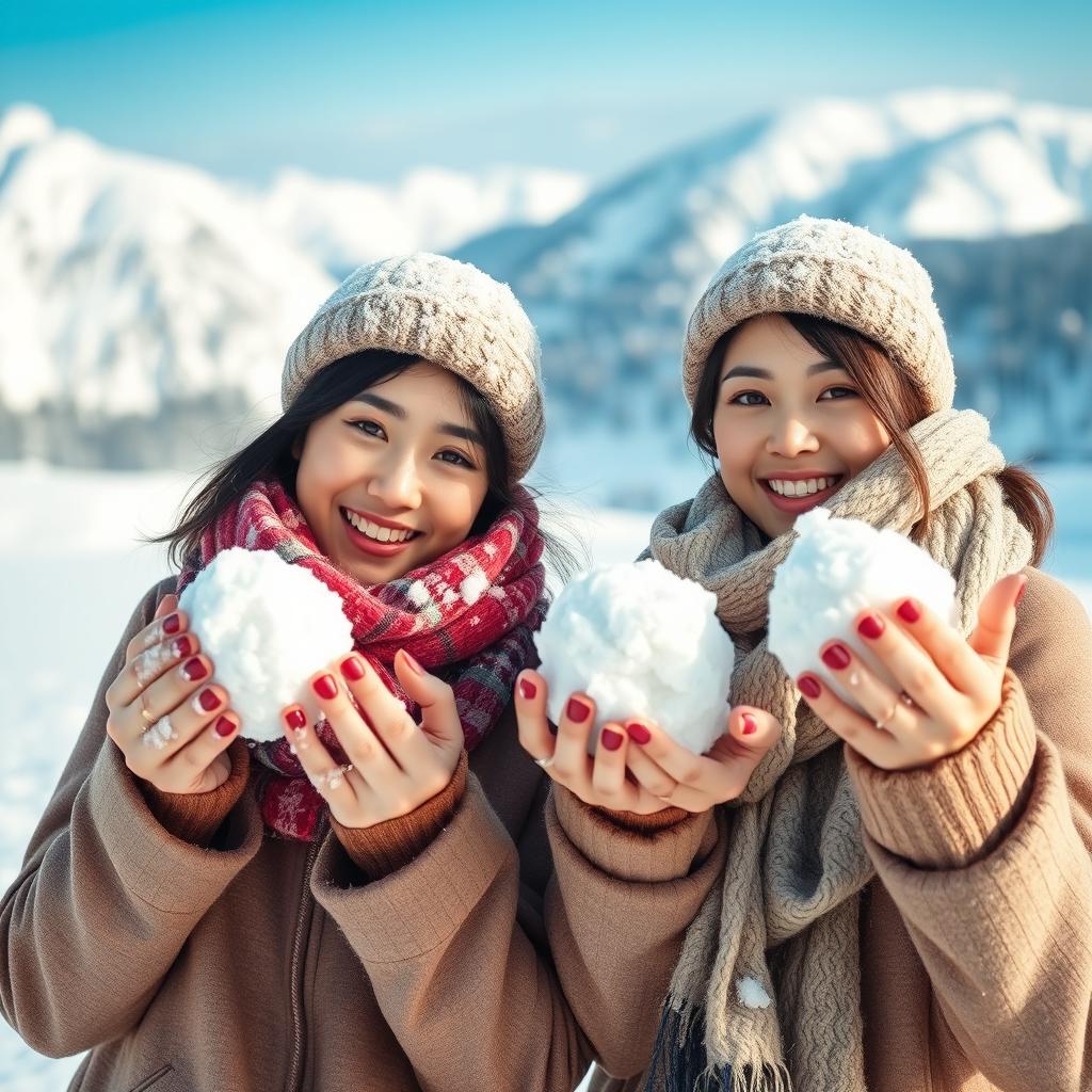 Two beautiful Asian women posing challengingly on the snow, wearing scarves around their necks and special winter attire suitable for snowy areas