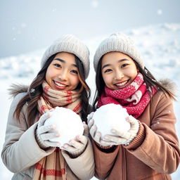 Two beautiful Asian women posing challengingly on the snow, wearing scarves around their necks and special winter attire suitable for snowy areas
