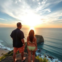 Pemandangan indah pantai tropis di Bali saat matahari terbenam, dengan pasir putih yang halus, air laut yang jernih berwarna biru kehijauan, dan pepohonan palem yang menjulang tinggi