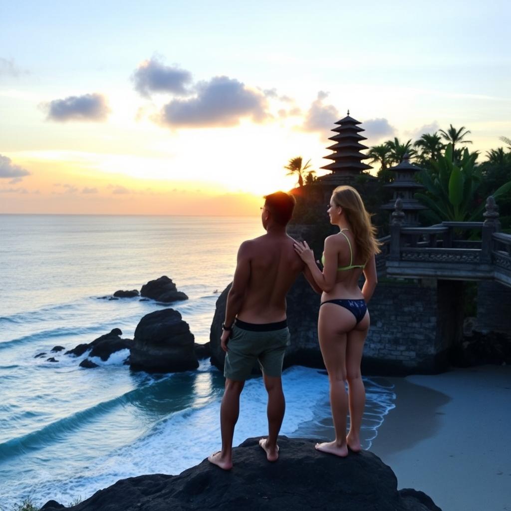 Pemandangan indah pantai tropis di Bali saat matahari terbenam, dengan pasir putih yang halus, air laut yang jernih berwarna biru kehijauan, dan pepohonan palem yang menjulang tinggi