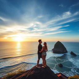 Pemandangan indah pantai tropis di Bali saat matahari terbenam, dengan pasir putih yang halus, air laut yang jernih berwarna biru kehijauan, dan pepohonan palem yang menjulang tinggi