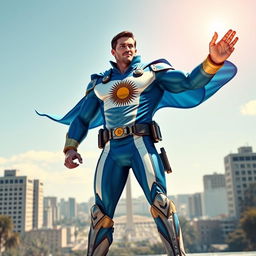 A heroic depiction of President Milei as a superhero, showcasing an epic costume inspired by Argentine characteristics