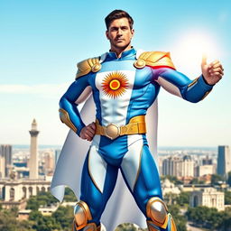 A heroic depiction of President Milei as a superhero, showcasing an epic costume inspired by Argentine characteristics