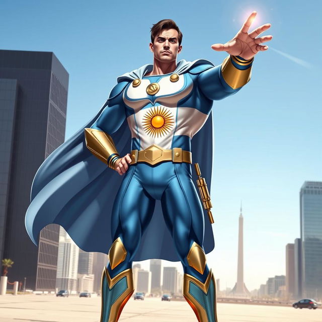 A heroic depiction of President Milei as a superhero, showcasing an epic costume inspired by Argentine characteristics