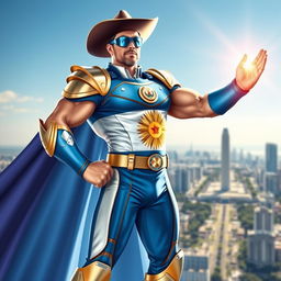 A heroic depiction of President Milei as a superhero, showcasing an epic costume inspired by Argentine characteristics
