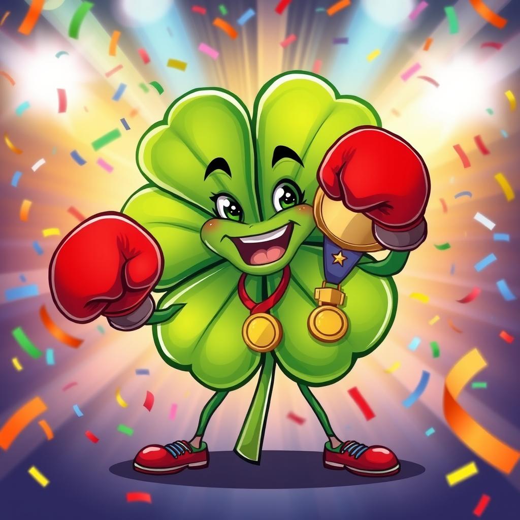 A vibrant illustration of a boxing clover, combining elements of a four-leaf clover and a fierce boxing stance