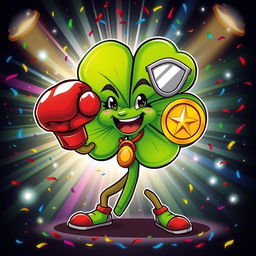 A vibrant illustration of a boxing clover, combining elements of a four-leaf clover and a fierce boxing stance