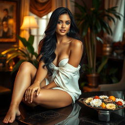 A beautiful Indian woman sitting gracefully on a table, showcasing her confident pose