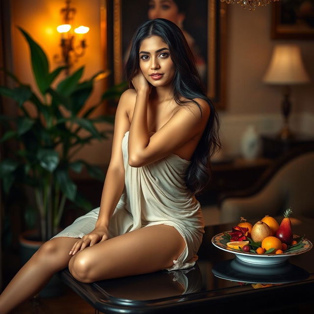 A beautiful Indian woman sitting gracefully on a table, showcasing her confident pose