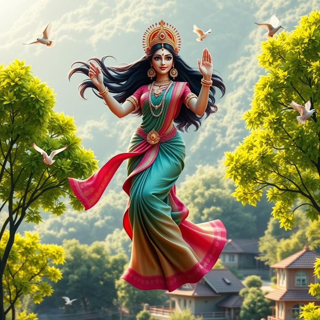 A beautiful 3D image of Devi Kaushiki, the goddess, gracefully floating in the air against a serene backdrop of green trees and a picturesque village