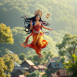 A beautiful 3D image of Devi Kaushiki, the goddess, gracefully floating in the air against a serene backdrop of green trees and a picturesque village