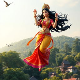 A beautiful 3D image of Devi Kaushiki, the goddess, gracefully floating in the air against a serene backdrop of green trees and a picturesque village