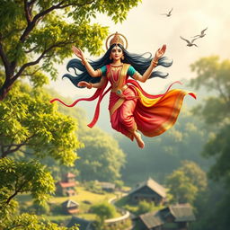 A beautiful 3D image of Devi Kaushiki, the goddess, gracefully floating in the air against a serene backdrop of green trees and a picturesque village