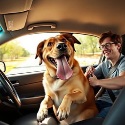 A humorous scene depicting a large, comical dog sitting in the back seat of a car, with its tongue hanging out and looking excited