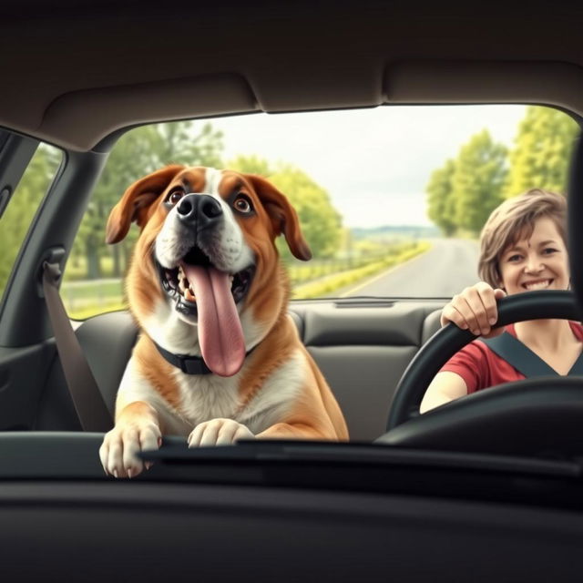 A humorous scene depicting a large, comical dog sitting in the back seat of a car, with its tongue hanging out and looking excited