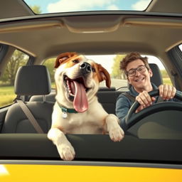 A humorous scene depicting a large, comical dog sitting in the back seat of a car, with its tongue hanging out and looking excited