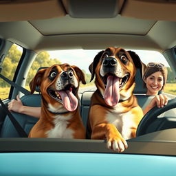 A humorous scene depicting a large, comical dog sitting in the back seat of a car, with its tongue hanging out and looking excited