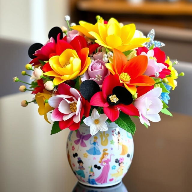 A vibrant bouquet of artificial flowers, elegantly arranged with a delightful Disney theme