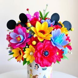 A vibrant bouquet of artificial flowers, elegantly arranged with a delightful Disney theme