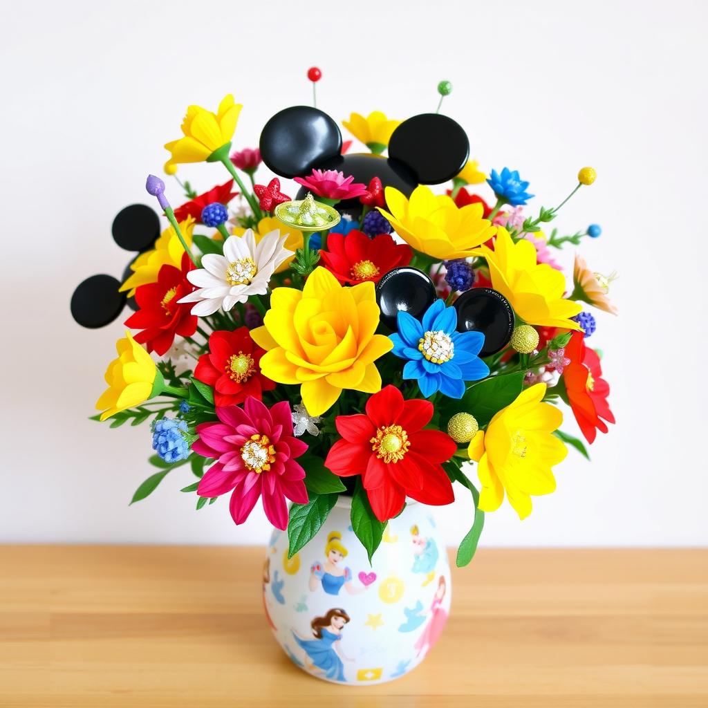 A vibrant bouquet of artificial flowers, elegantly arranged with a delightful Disney theme