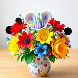 A vibrant bouquet of artificial flowers, elegantly arranged with a delightful Disney theme