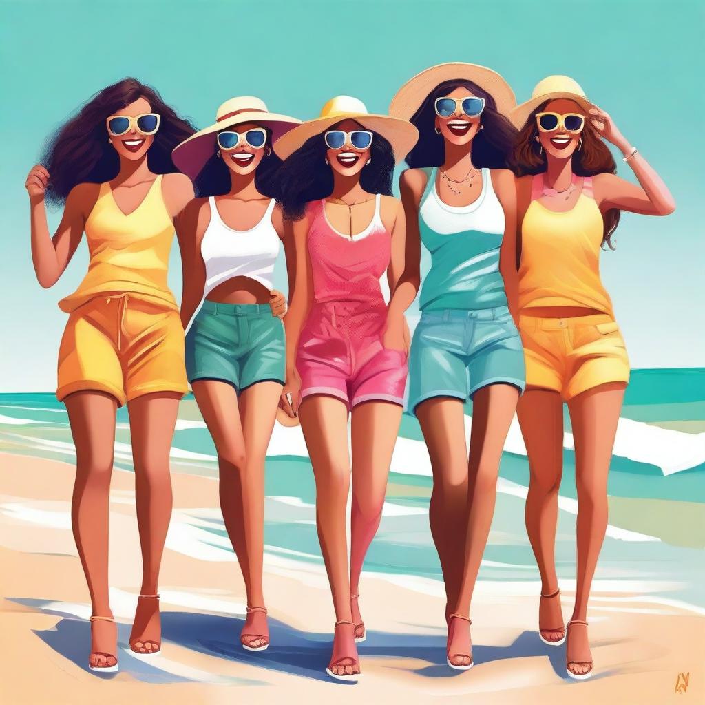 A high-quality digital art piece featuring a group of fashionable girls enjoying a sunny day at the beach