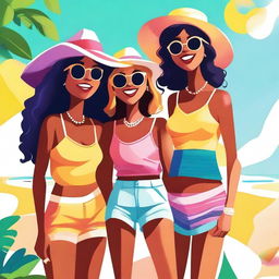 A high-quality digital art piece featuring a group of fashionable girls enjoying a sunny day at the beach