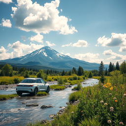 A stunning landscape featuring a majestic mountain range in the background, with a clear blue sky dotted with fluffy white clouds