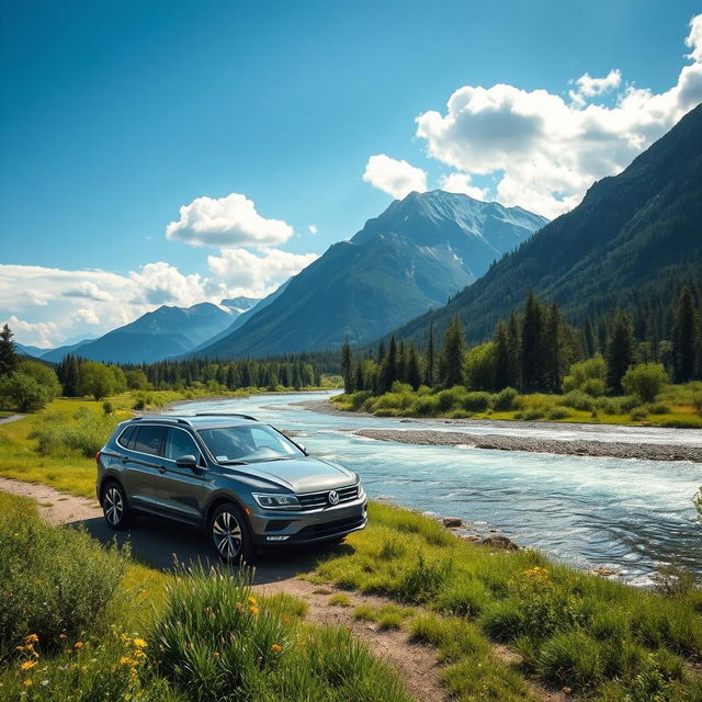 A stunning landscape featuring a majestic mountain range in the background, with a clear blue sky dotted with fluffy white clouds