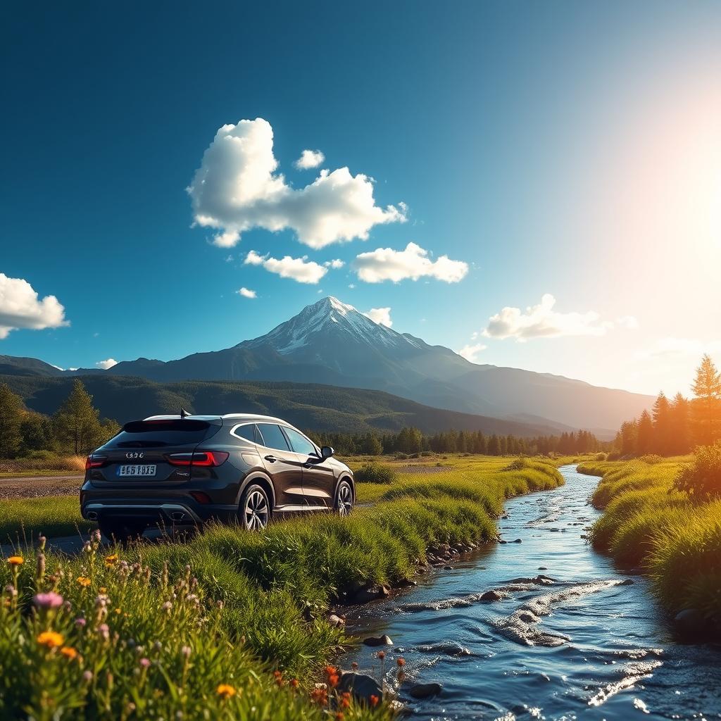 A stunning landscape featuring a majestic mountain range in the background, with a clear blue sky dotted with fluffy white clouds