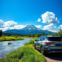 A stunning landscape featuring a majestic mountain range in the background, with a clear blue sky dotted with fluffy white clouds