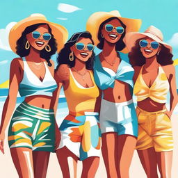 A high-quality digital art piece featuring a group of fashionable girls enjoying a sunny day at the beach