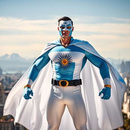 A heroic superhero standing tall in an epic pose, showcasing a costume that embodies the essence of Argentina
