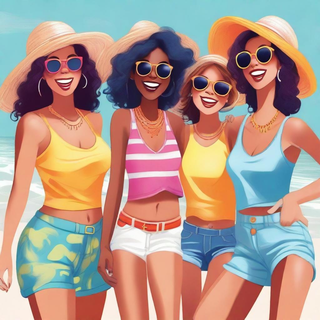 A high-quality digital art piece featuring a group of fashionable girls enjoying a sunny day at the beach