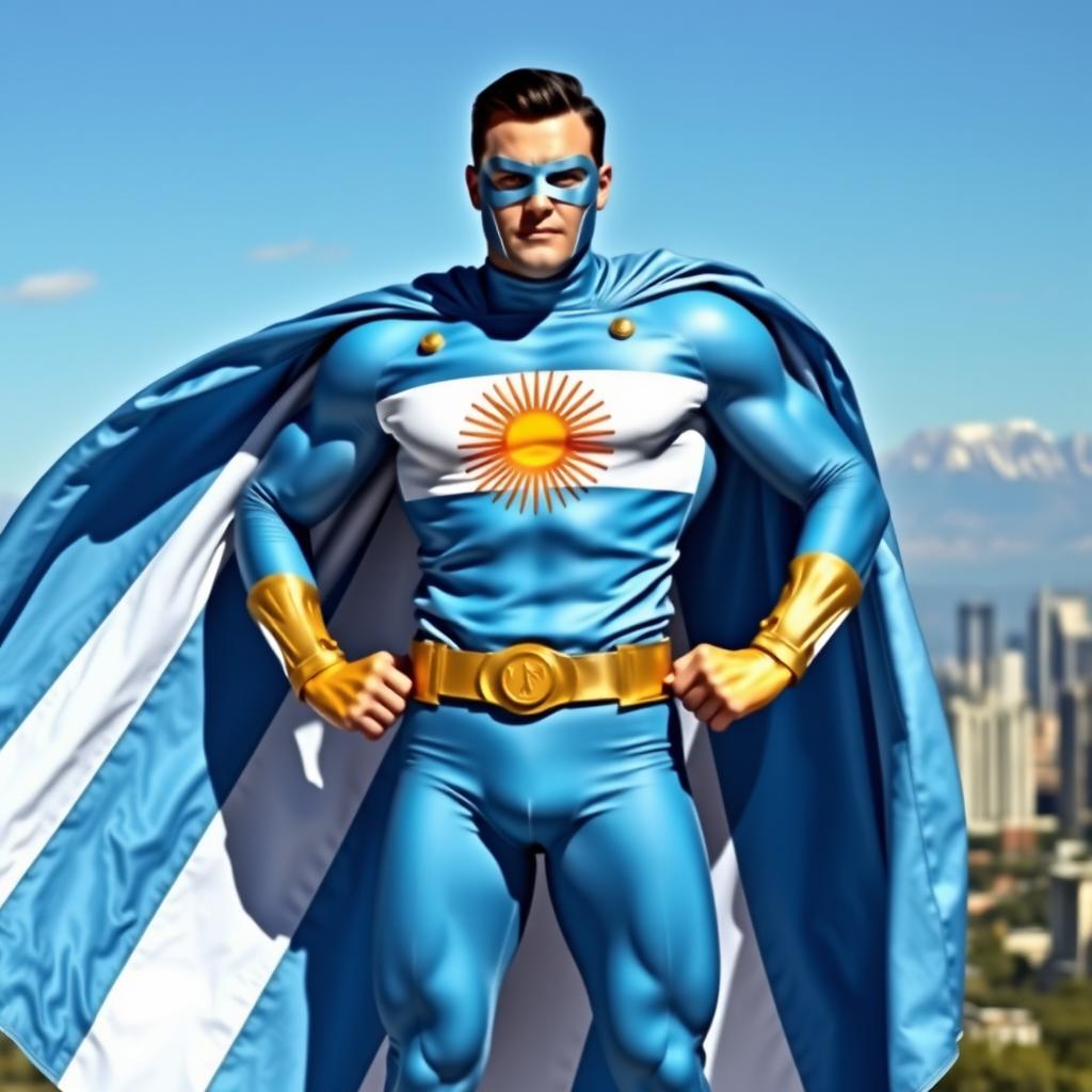 A heroic superhero standing tall in an epic pose, showcasing a costume that embodies the essence of Argentina