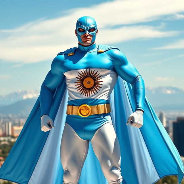 A heroic superhero standing tall in an epic pose, showcasing a costume that embodies the essence of Argentina