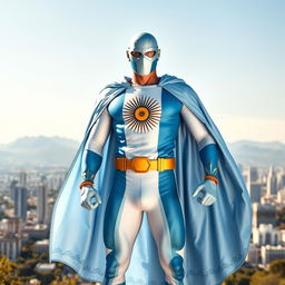 A heroic superhero standing tall in an epic pose, showcasing a costume that embodies the essence of Argentina