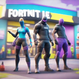 A vibrant digital art piece featuring Fortnite characters engaging with each other outside an Oxxo convenience store