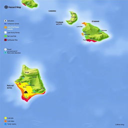 A detailed and colorful hazard map of Hawaii, showcasing various natural hazards including volcanic activity, tsunami zones, earthquake risk, and flood-prone areas