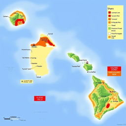 A detailed and colorful hazard map of Hawaii, showcasing various natural hazards including volcanic activity, tsunami zones, earthquake risk, and flood-prone areas