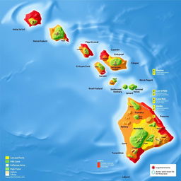 A detailed and colorful hazard map of Hawaii, showcasing various natural hazards including volcanic activity, tsunami zones, earthquake risk, and flood-prone areas